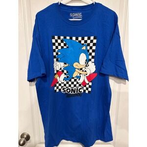 Sonic the Hedgehog Mens Blue Graphic T-Shirt XL Sega Checkered Running Retro Tee